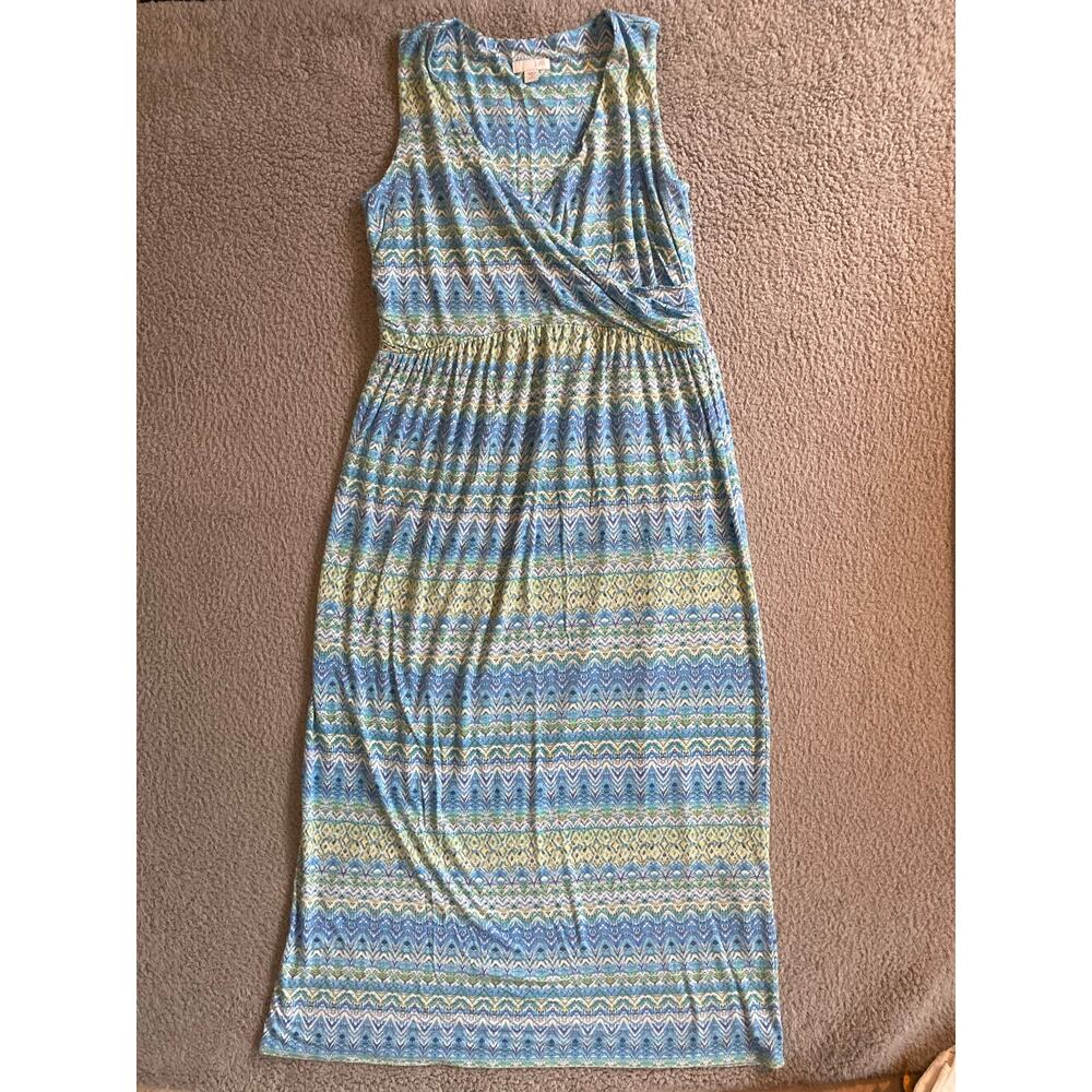 J Jill Midi Dress Small Petite Surplice Tank Empire Geometric Beach Boho Blue PS